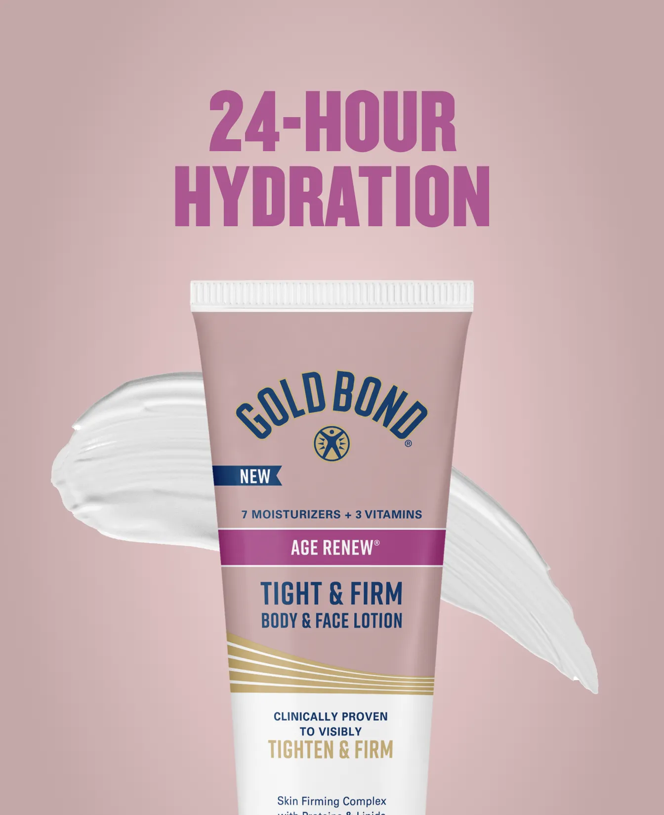 Packaging of Gold Bond® Tight & Firm Body & Face Lotion and benefit statements.
