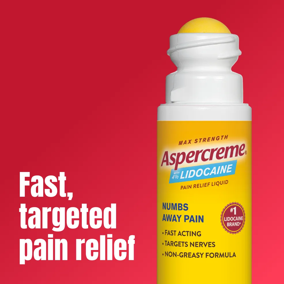 Aspercreme® Lidocaine Fragrance-Free Pain Relief Roll-On products and front and back of product packaging