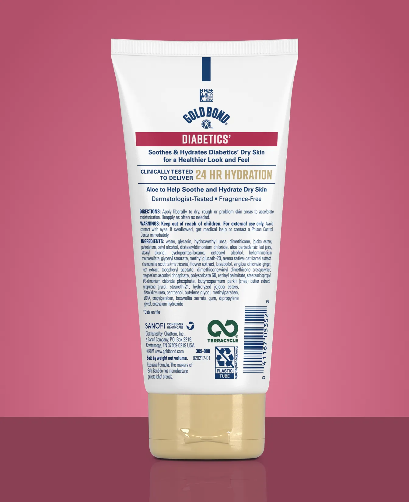 Packaging of Gold Bond® Diabetics' Dry Skin Relief Body Lotion and benefit statements.