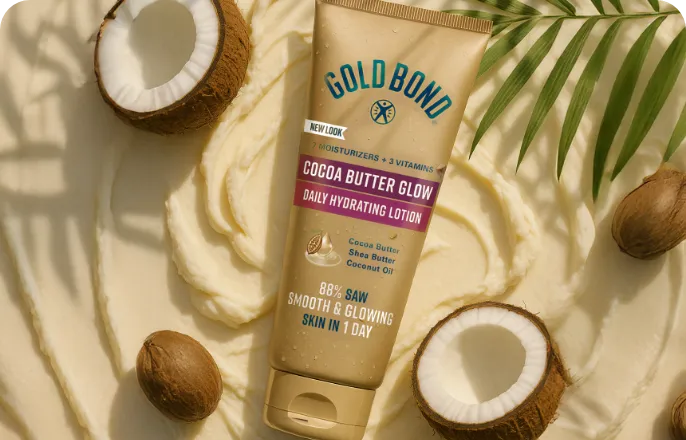 Front of packaging for Gold Bond Cocoa Butter Glow Daily Hydrating Lotion.